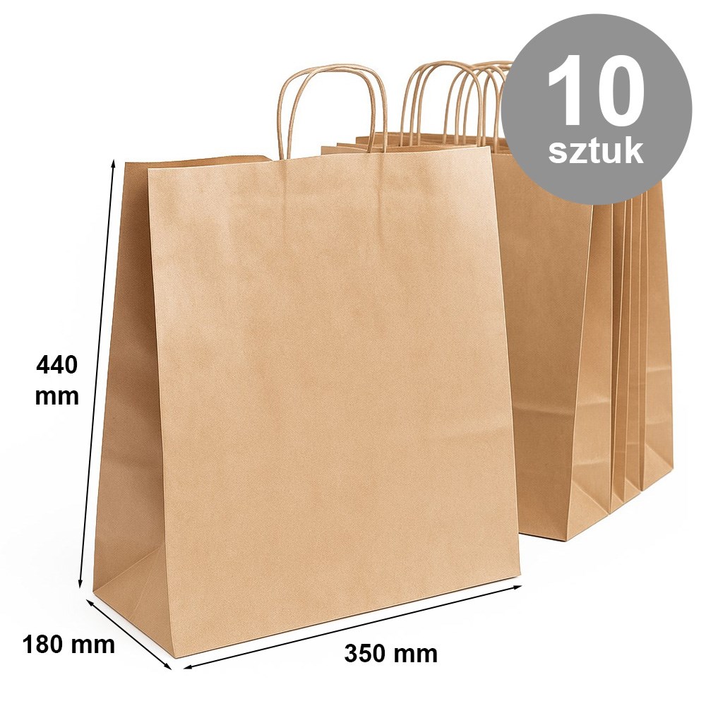 Brązowe torby papierowe 350x180x440 mm, ekologiczne z uchwytem, 10