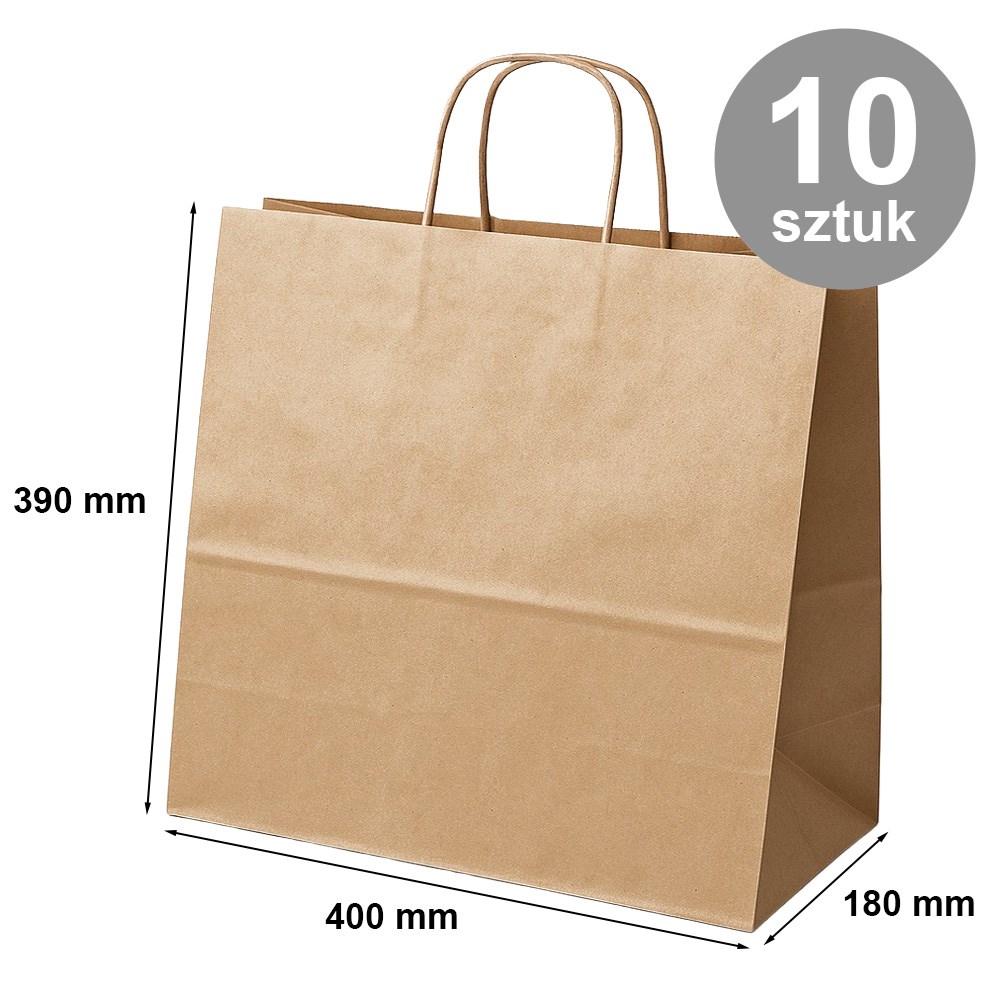Brązowa torba papierowa 400x180x390 mm, gładka, pakiet 10 szt.
