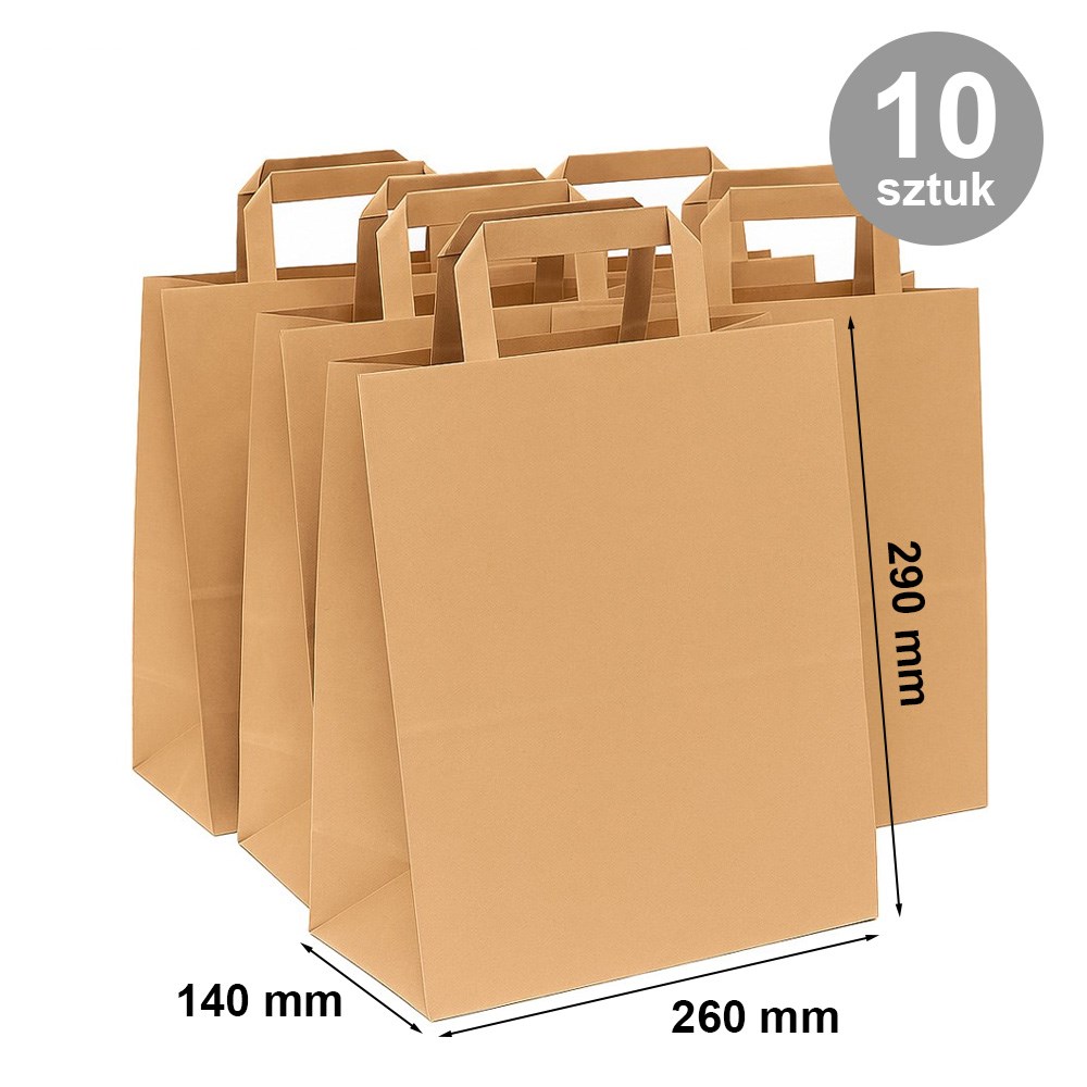 Papierowe torby kraft 260x140x290 mm, brązowe, płaski uchwyt 10 szt.
