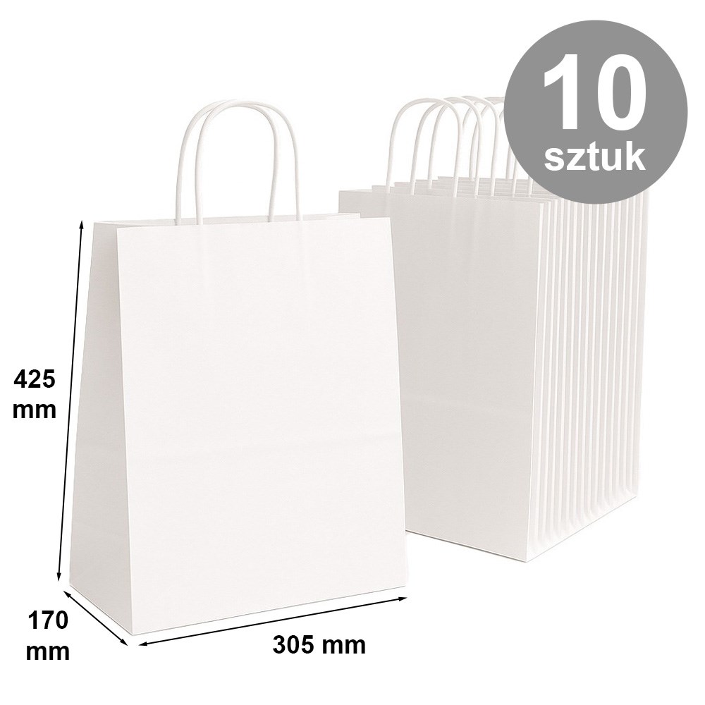Torby papierowe z uchwytem, dno klockowe 305x170x425 białe 10 szt.
