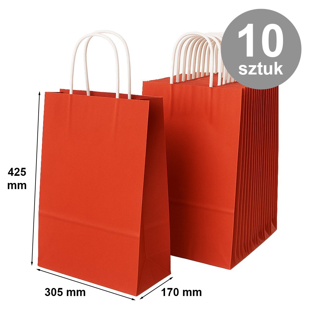 Czerwone torby papierowe prezentowe 305x170x425 mm, 10 szt.
