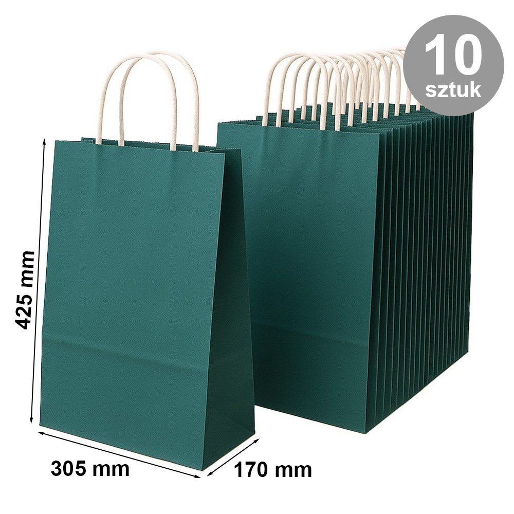 Zielone torby papierowe ECOBAG 305x170x425 mm, 10 szt.