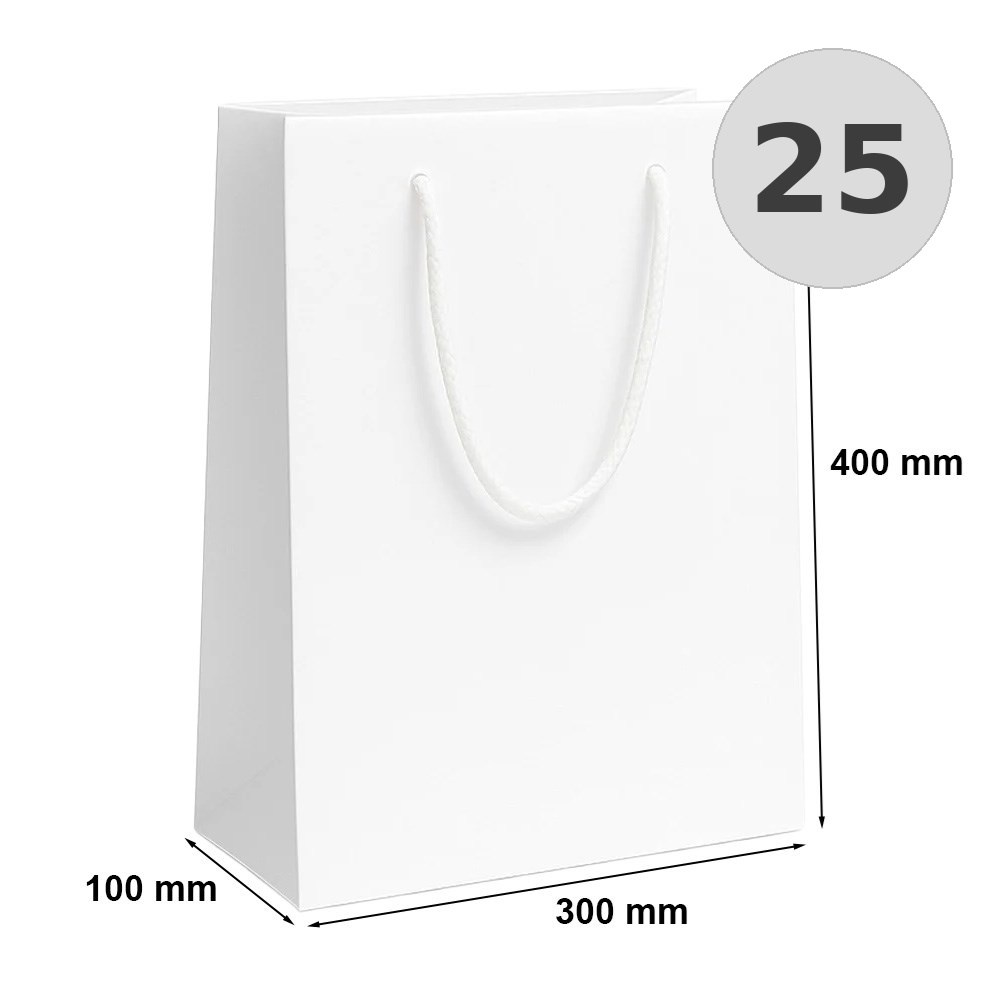 Torba laminowana biała 300x100x400 mm prezentowa na upominki, 25 sztuk