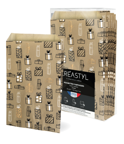 Torebka fałdowa papierowa Kraft PREZENTY beżowa 180x350+60 mm 60 g/m2