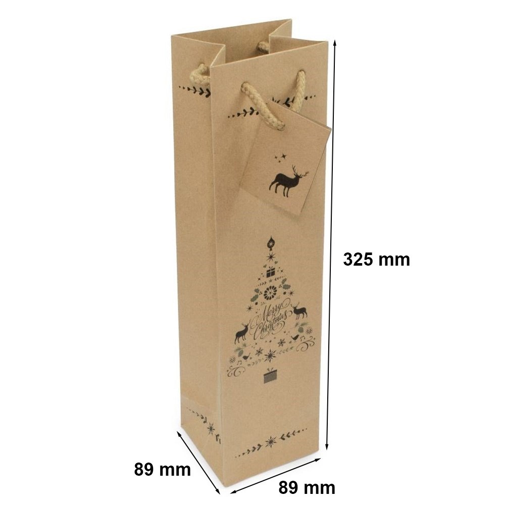 Torebka papierowa Premium na wino świąteczna brązowa 325x89x89mm