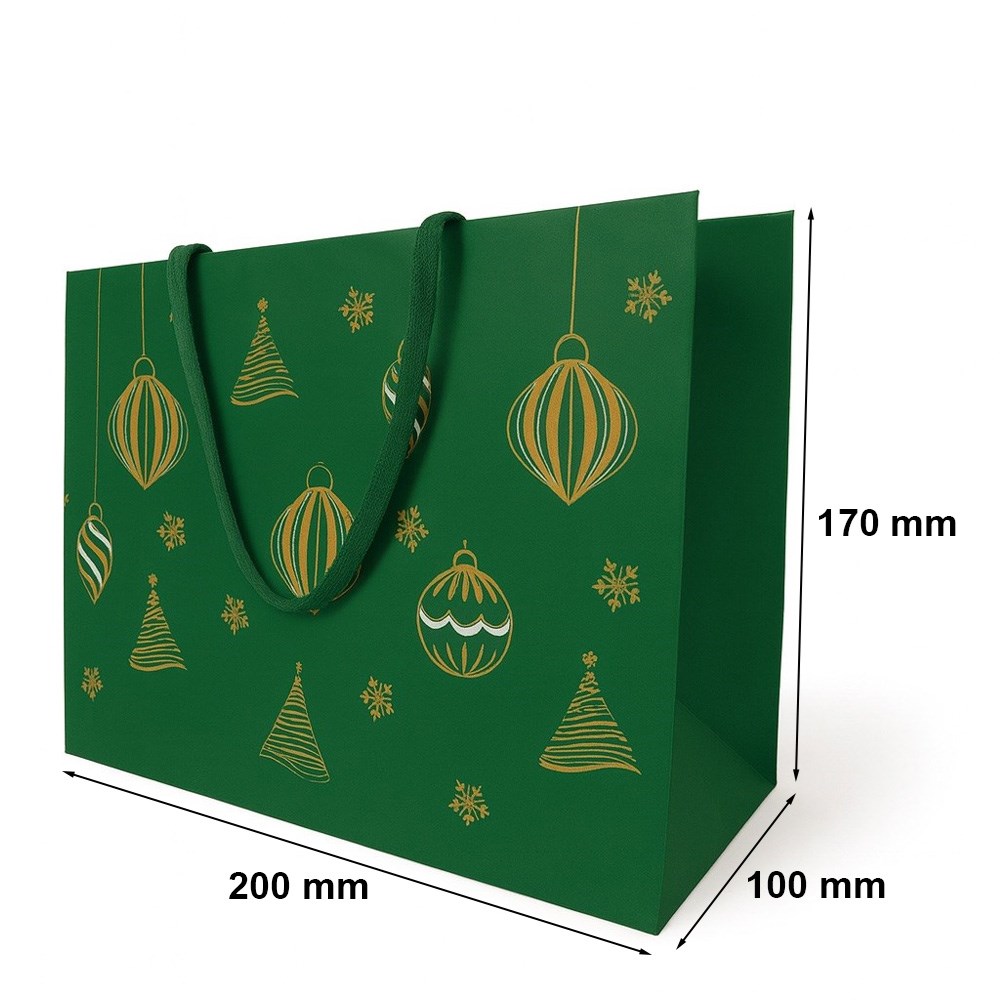 Torba KRAFT 200x100x170mm Zielona Z Motywem Świątecznym Na Upominki