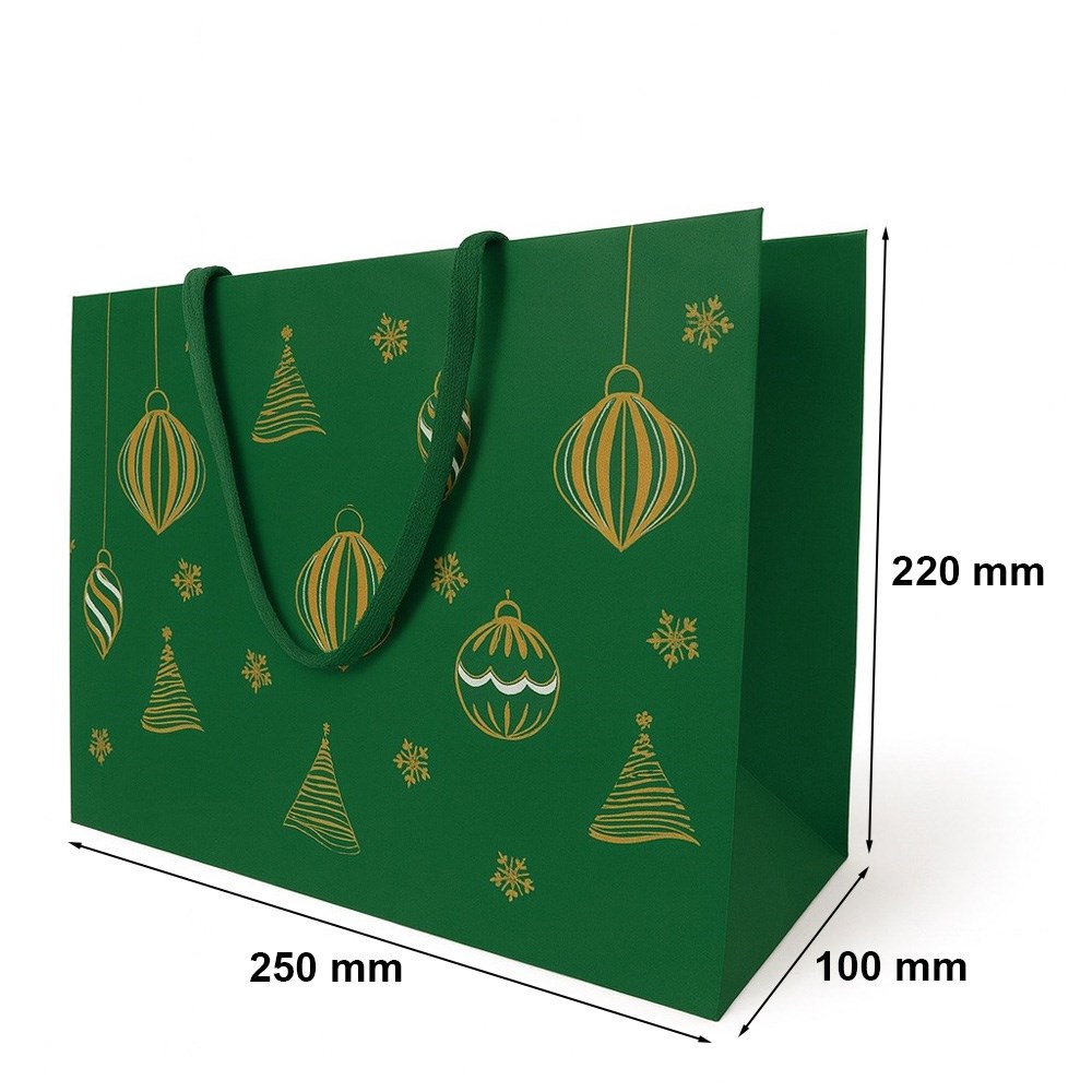 Torba KRAFT 250x100x220mm Zielona Z Motywem Świątecznym Na Upominki