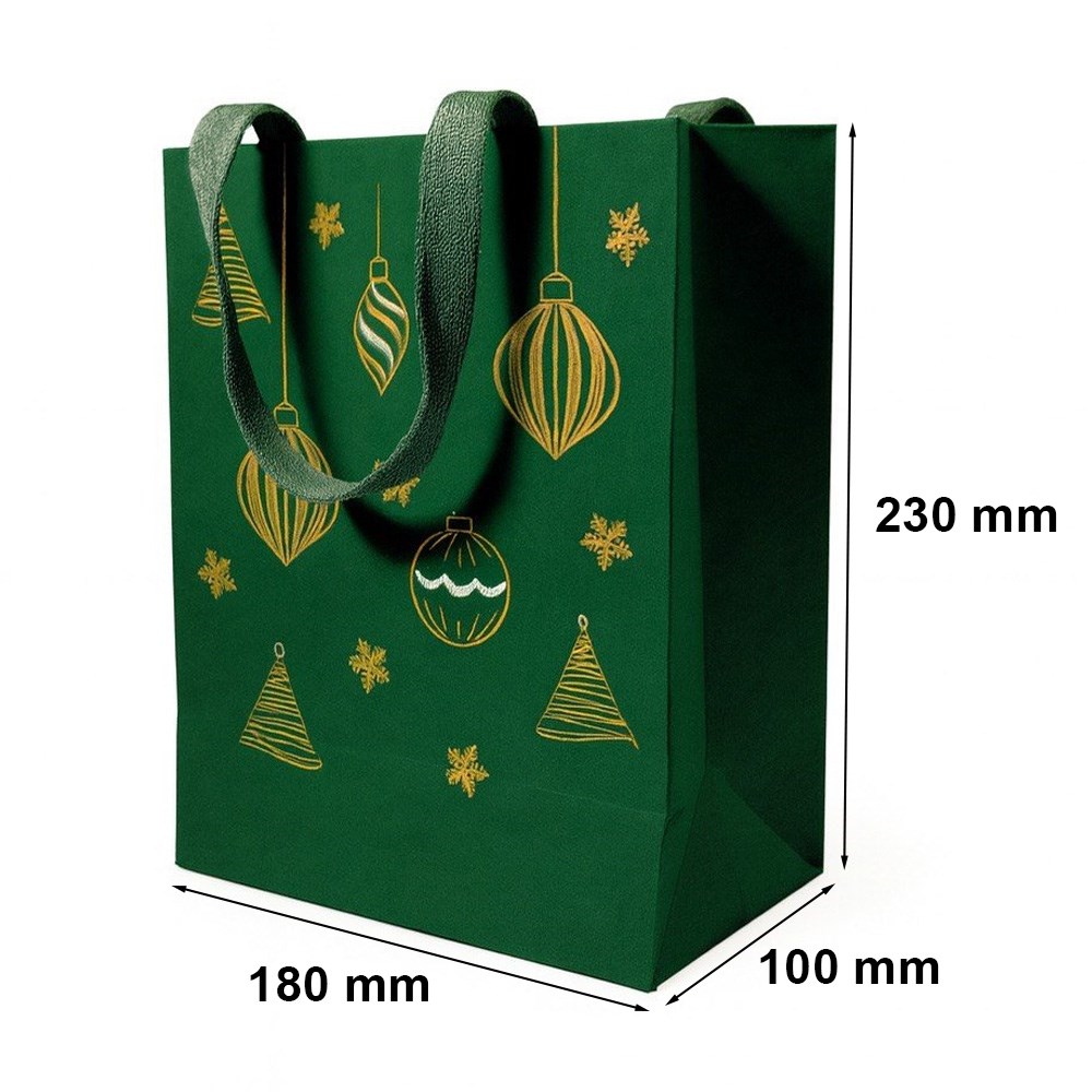 Torba KRAFT 180x100x230mm Zielona Z Motywem Świątecznym Na Prezent
