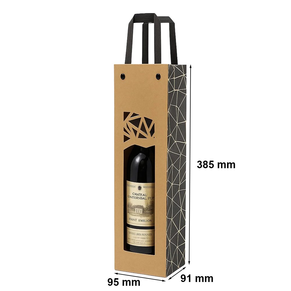 Torba papierowa na 1 butelkę wina z oknem 95x91x385 mm ecru-noir