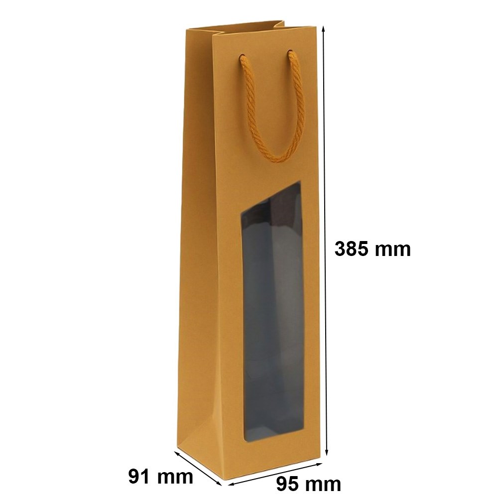 Torba papierowa kraft z oknem na wino i butelkę 95x91x385 mm brązowa