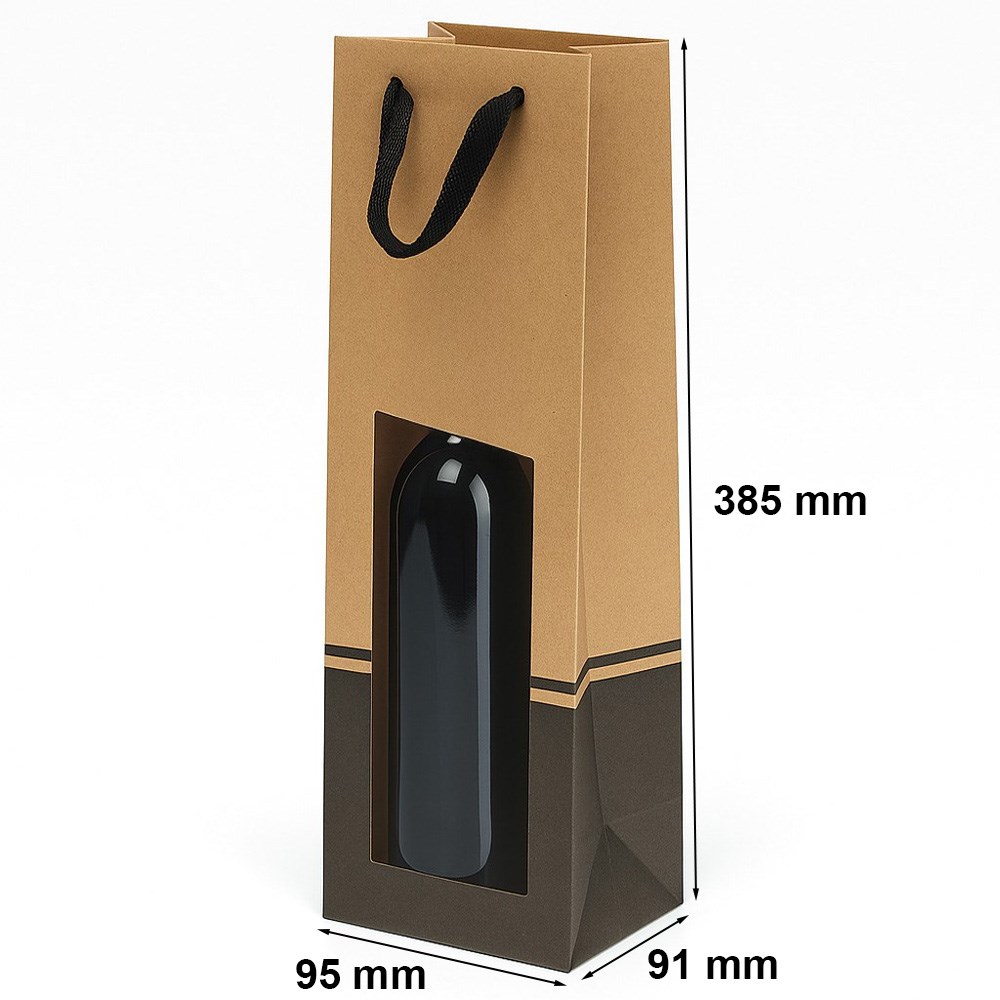 Torba papierowa na wino kraft z oknem 95x91x385 mm brązowo-czarna