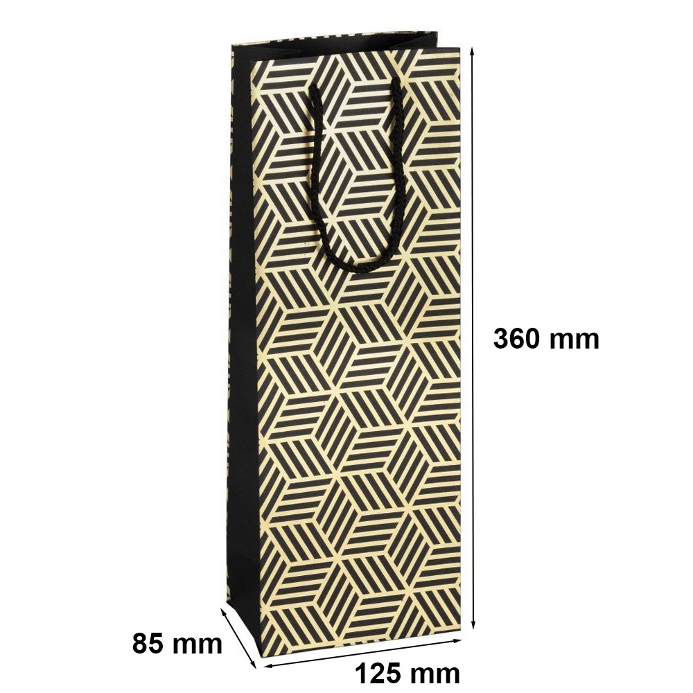 Torebka prezentowa na butelkę wina czarno-złota 125x85x360mm K-421 SCZ