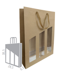 Torba prezentowa na wino 3 butelki 285x95x385 brązowa z oknem 190 g/m2