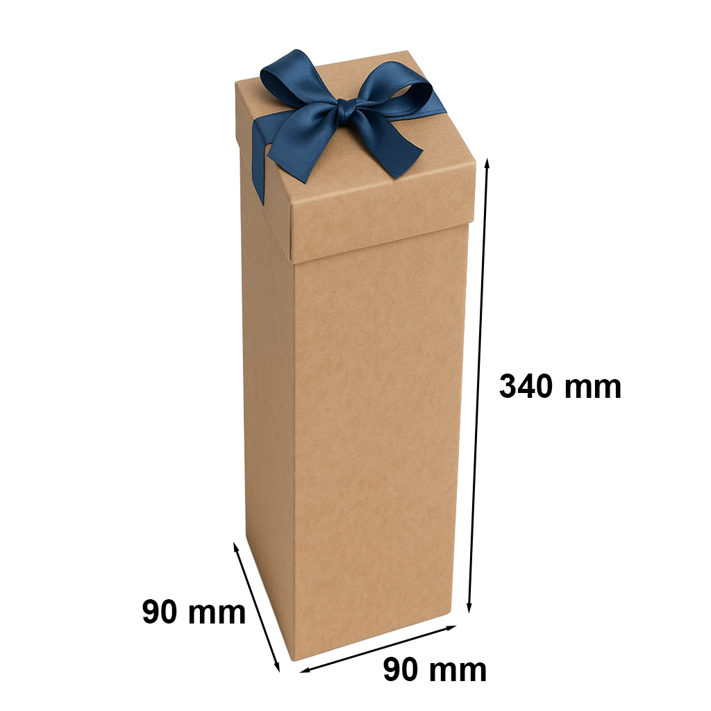 Pudełko K-867 EKO na wino brąz z niebieską kokardą 90x90x340 mm