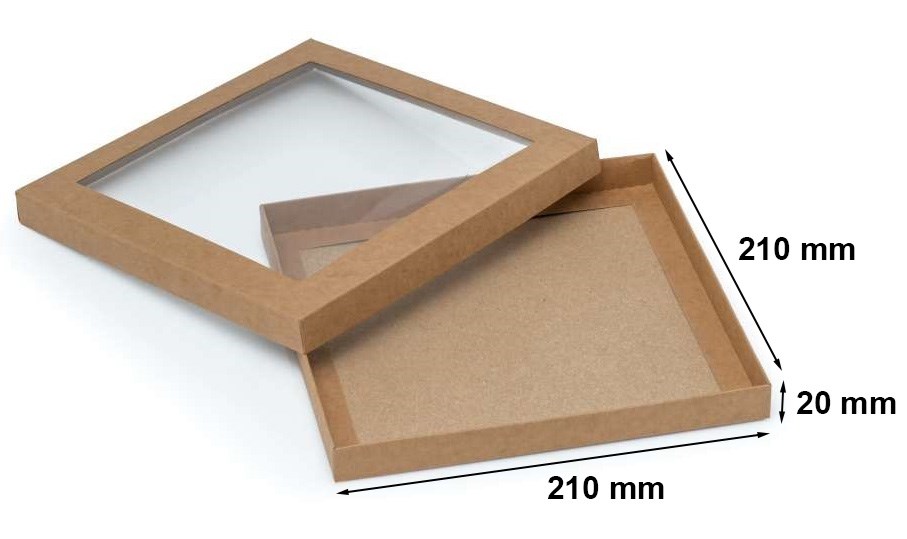 Pudełko ozdobne prezentowe kraft z oknem 210x210x20 mm brązowe