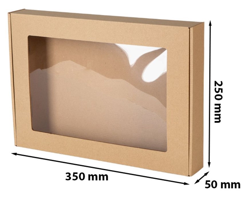 Pudełko ozdobne fasonowe kartonowe EKO z oknem brązowe 350x250x50 mm