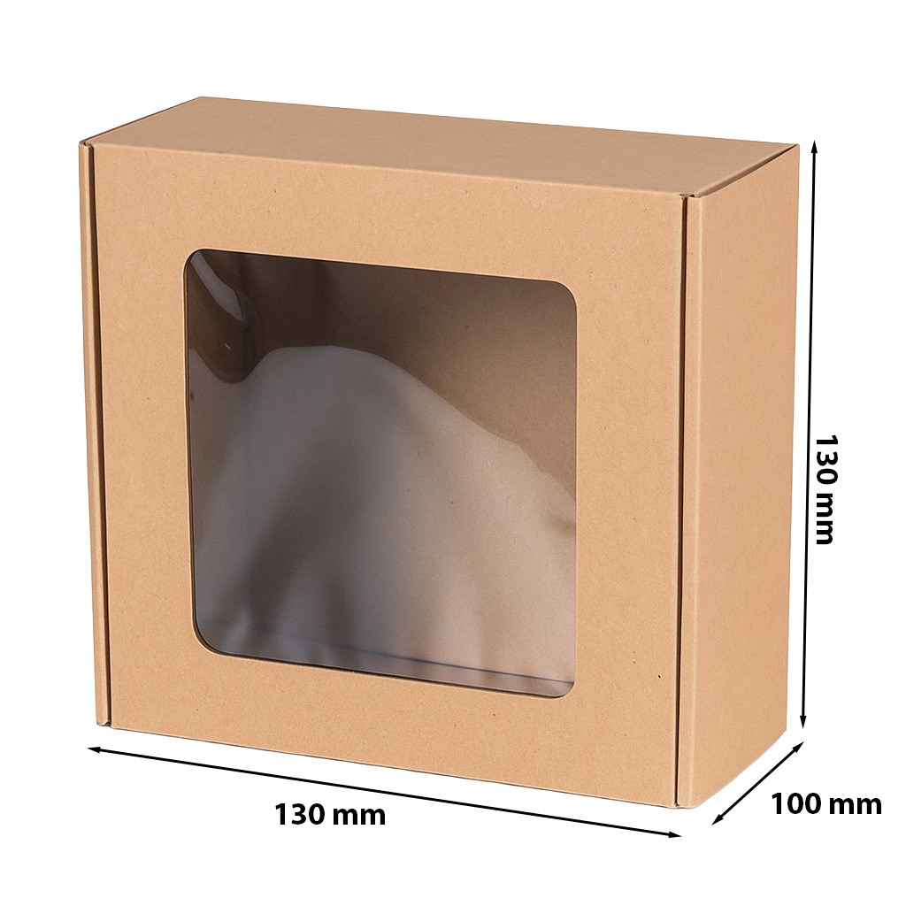 Pudełko fasonowe kartonowe z okienkiem EKO brąz 130x130x100mm Fala E