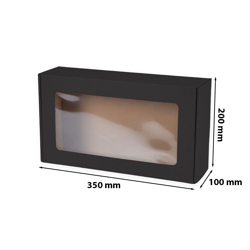 Czarne pudełko ozdobne fasonowe z okienkiem na prezent 350x200x100 mm