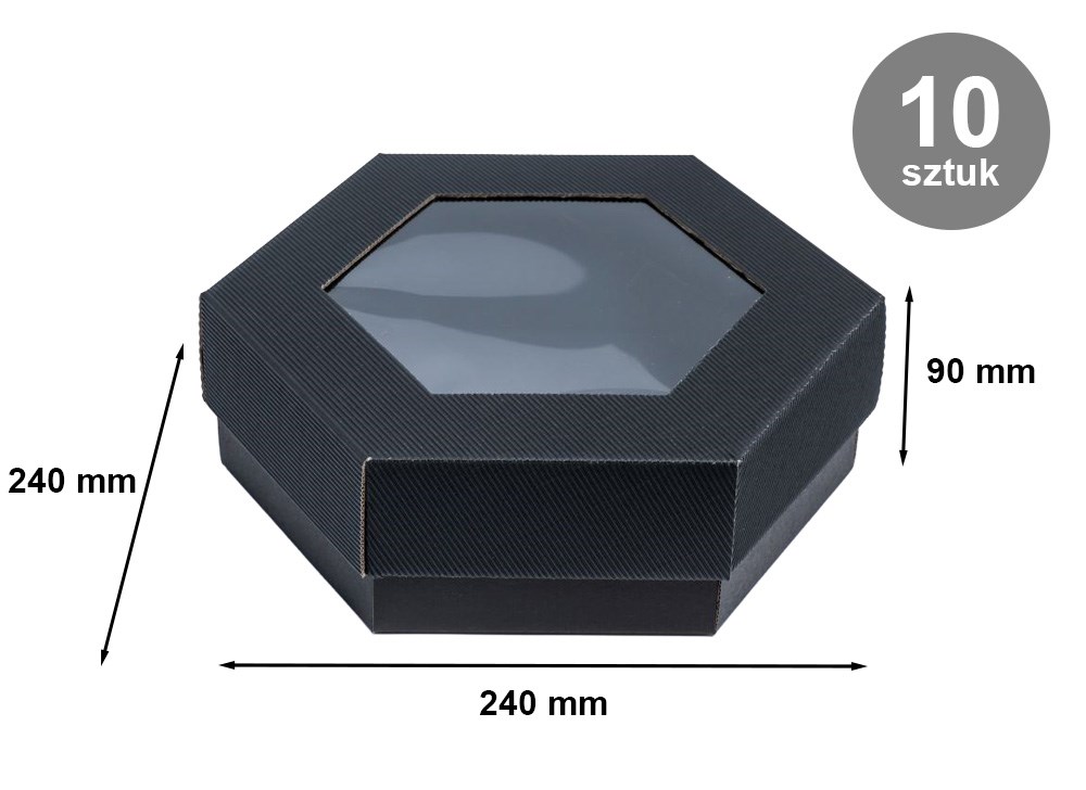 Pudełka karbowane czarne 240x240x90 mm z oknem, 450 g/m2, 10 szt.