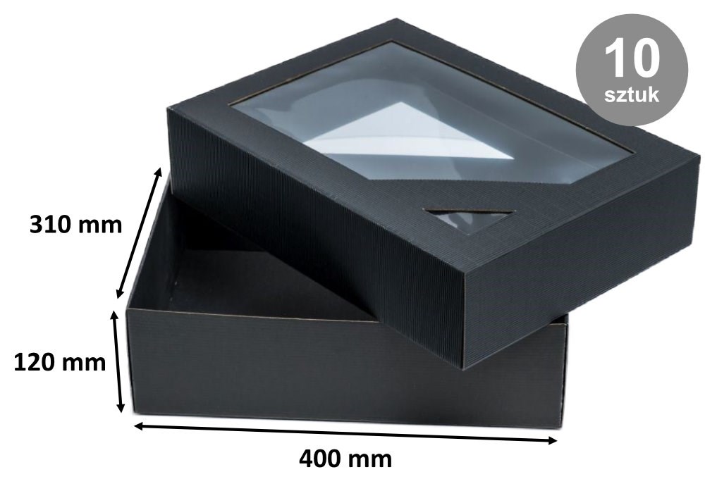 Czarne pudełka karbowane z wieczkiem i oknem 400x310x120 mm, 10 szt.