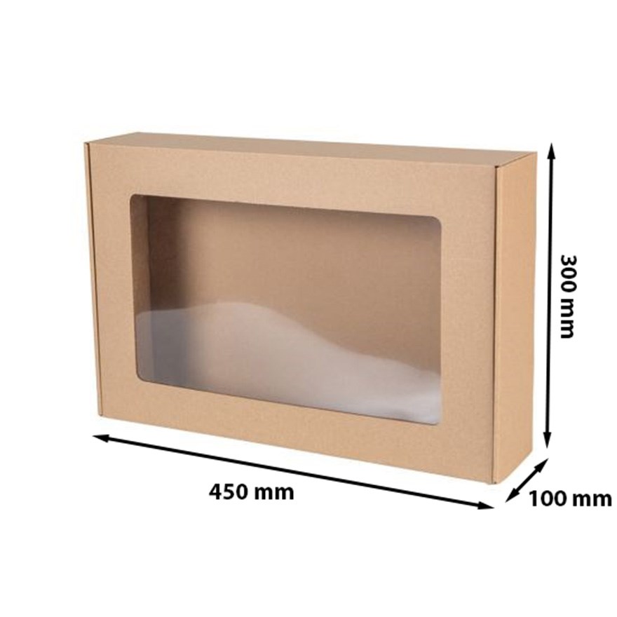 Pudełko prezentowe ozdobne EKO brązowe z oknem 450x300x100 mm