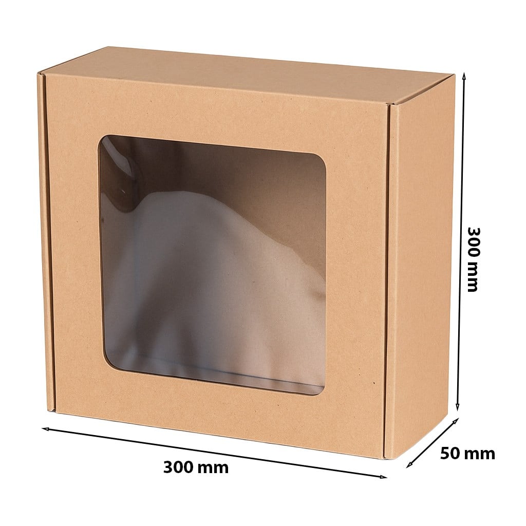 Ozdobne pudełko fasonowe z okienkiem prezentowe EKO brąz 300x300x50mm