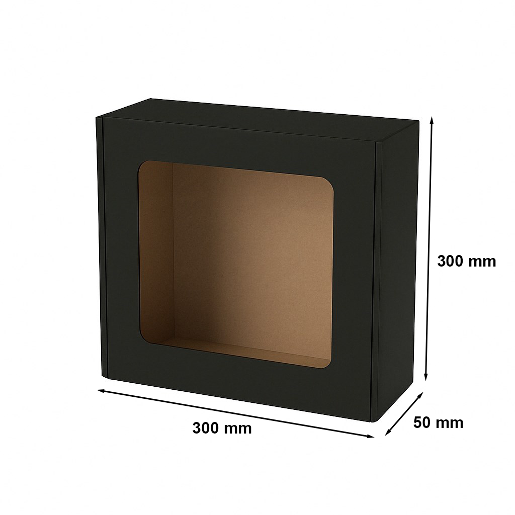 Pudełko kartonowe fasonowe ozdobne EKO czarne z oknem 300x300x100 mm