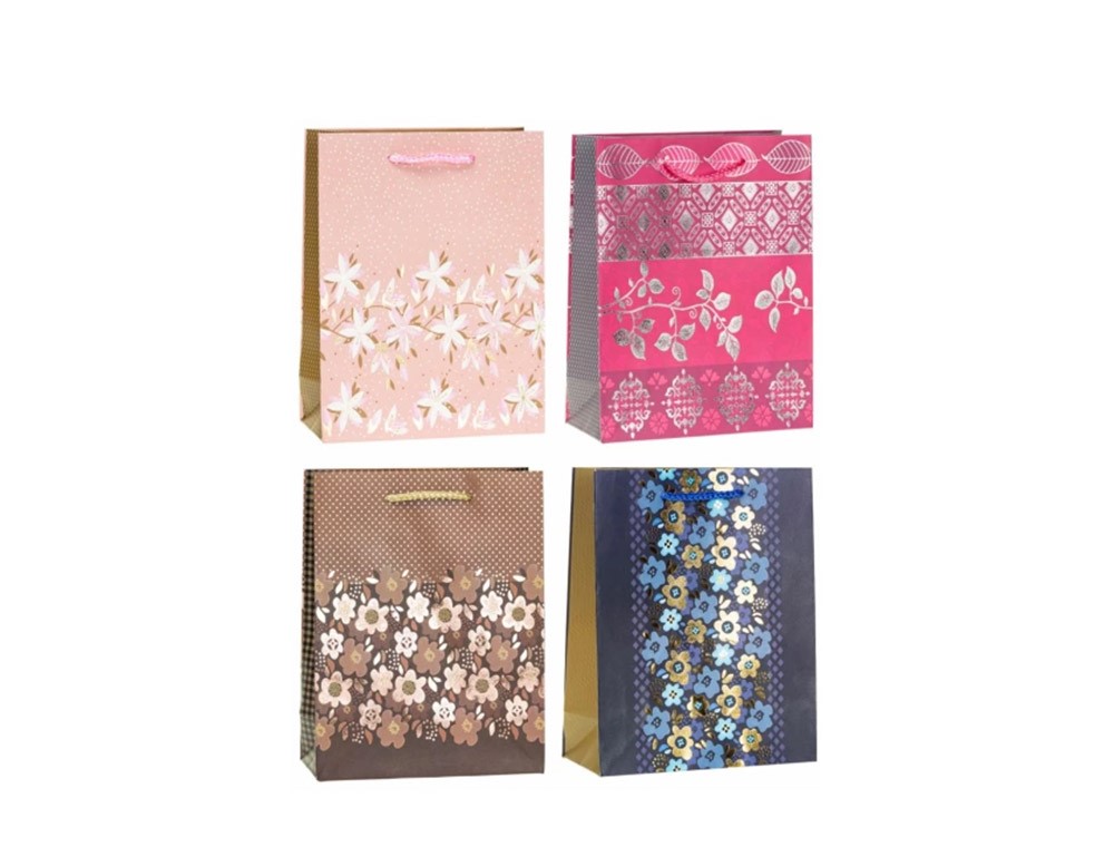 Torba upominkowa papierowa Lux A5 18x8x23 cm hot stamp kwiaty 12 szt.