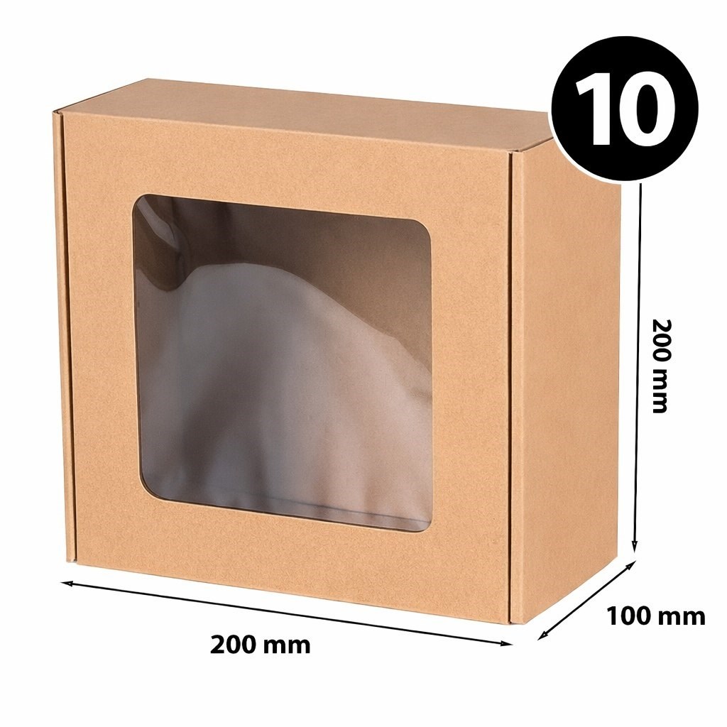 Pudełko Ozdobne EKO Brąz Z Okienkiem 200x200x100mm Na Prezent 10 Sztuk