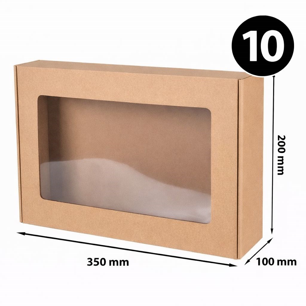 Pudełko Ozdobne EKO Brąz Z Okienkiem Prezentowe 350x200x100 -10 Sztuk