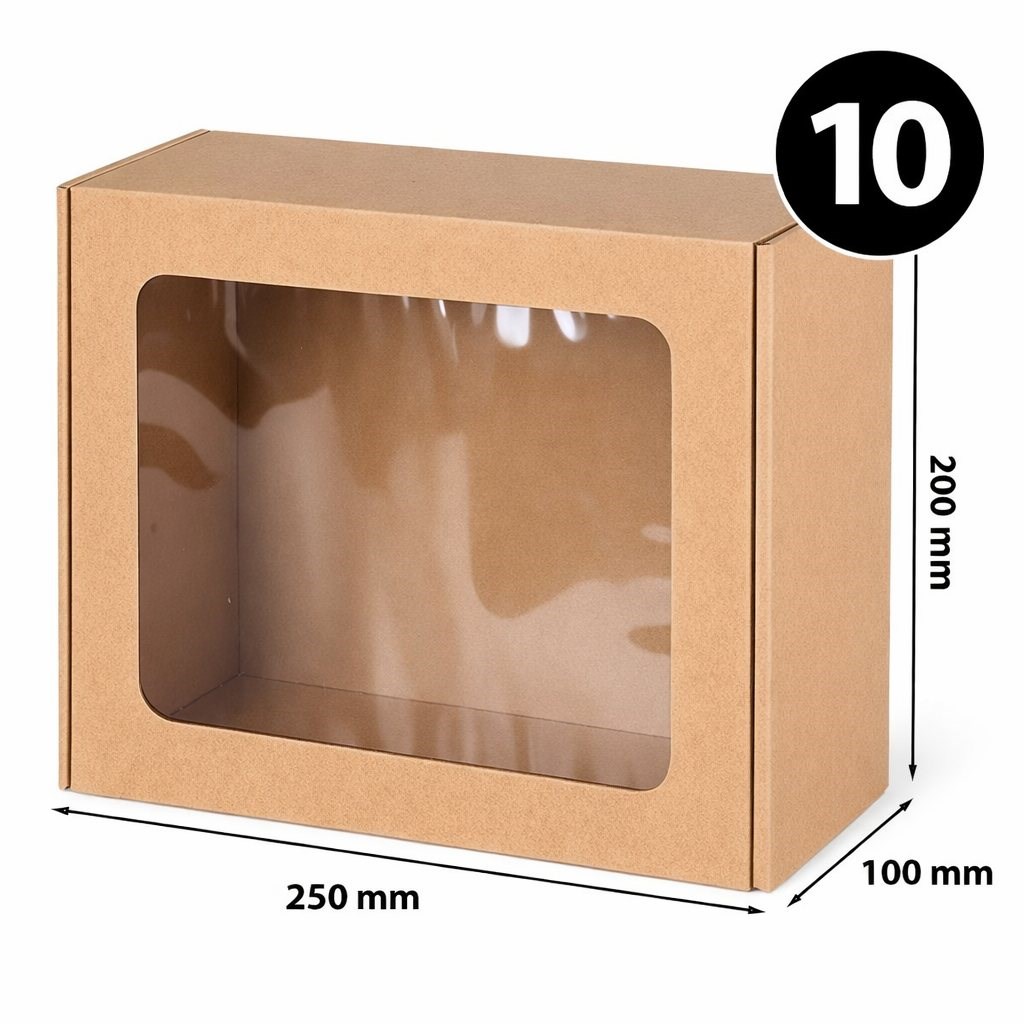 Pudełko Ozdobne Eko Brąz Z Okienkiem Prezentowe 250x200x100mm 10 Sztuk