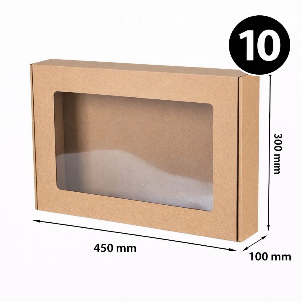 Pudełko Ozdobne Prezentowe EKO Brąz Z Okienkiem 450x300x100mm 10 Sztuk
