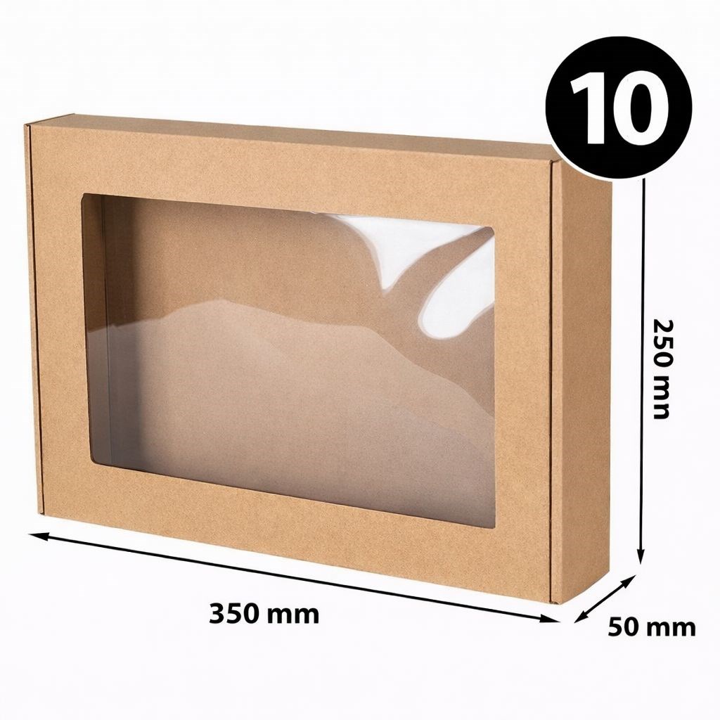 Pudełko Ozdobne Prezentowe EKO Brąz Z Okienkiem 350x250x50mm 10 Sztuk