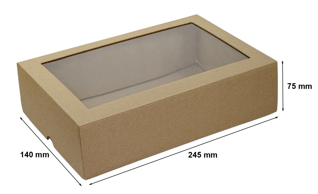 Pudełko kartonowe karbowane z wieczkiem i okienkiem 245x140x75 mm