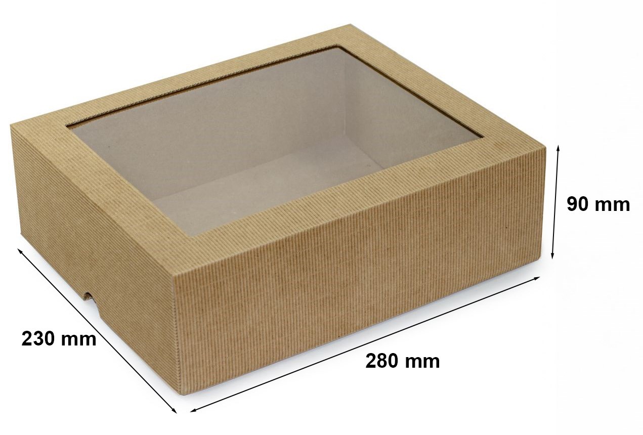 Pudełko fasonowe karbowane wieczkowe brązowe z oknem 280x230x90 mm