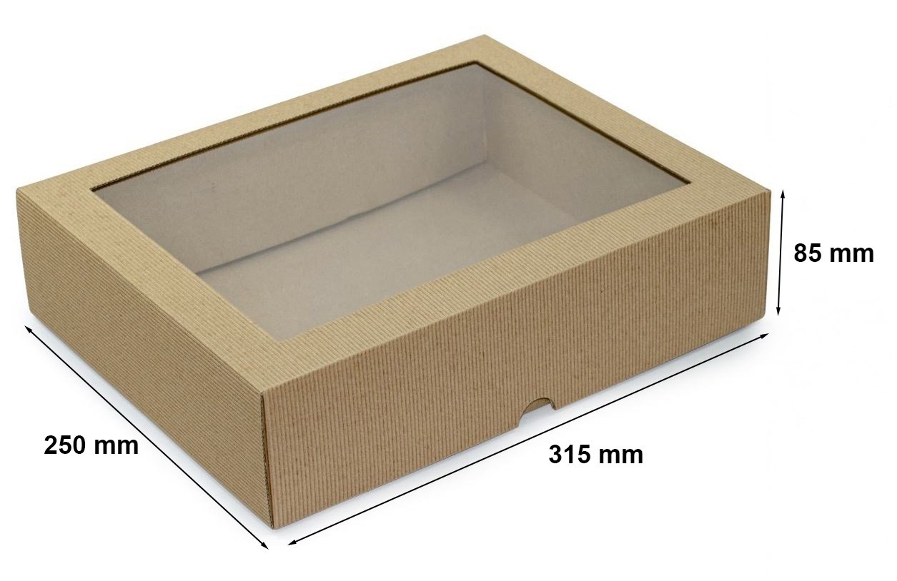 Pudełko kartonowe karbowane wieczkowe z oknem 315x250x85 mm brązowe
