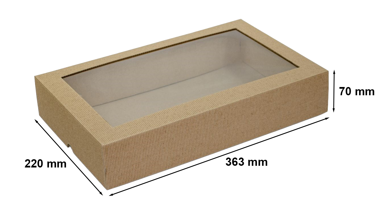 Pudełko fasonowe wieczkowe karbowane brązowe z oknem 363x220x70 mm