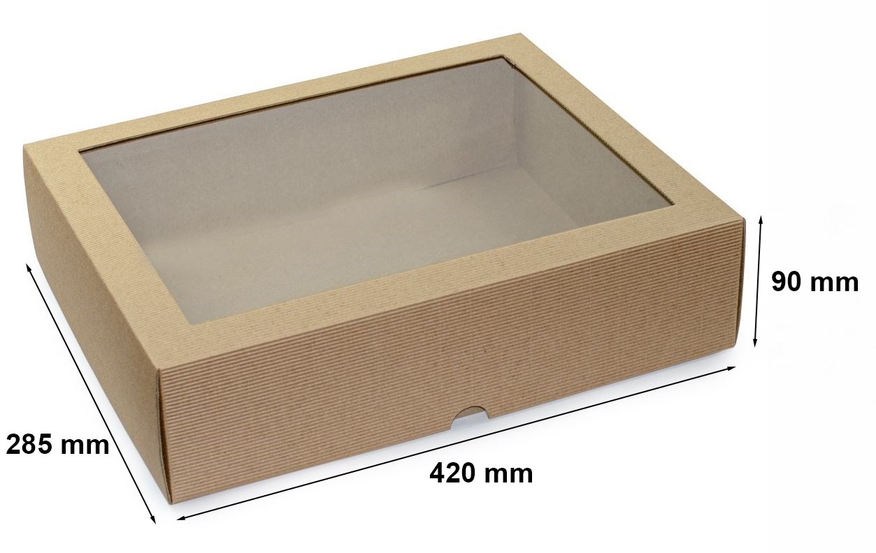 Pudełko karbowane wieczkowe fasonowe 420x285x90 mm z oknem brązowe