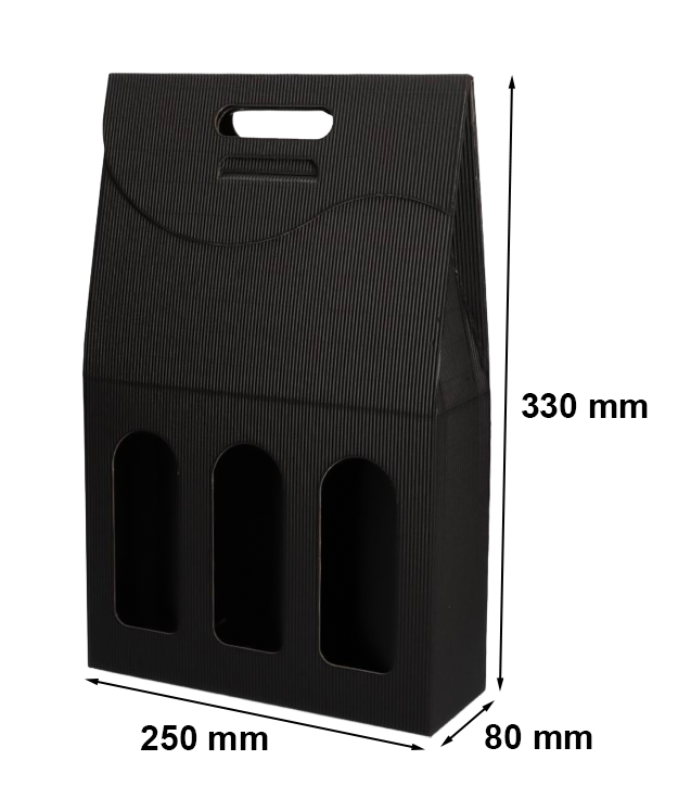 Pudełko karbowane fasonowe czarne na 3 butelki wina 250x80x330 mm