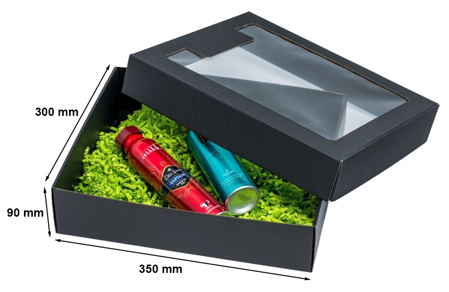 Pudełko fasonowe z tektury karbowanej czarne 350x300x90 mm z oknem
