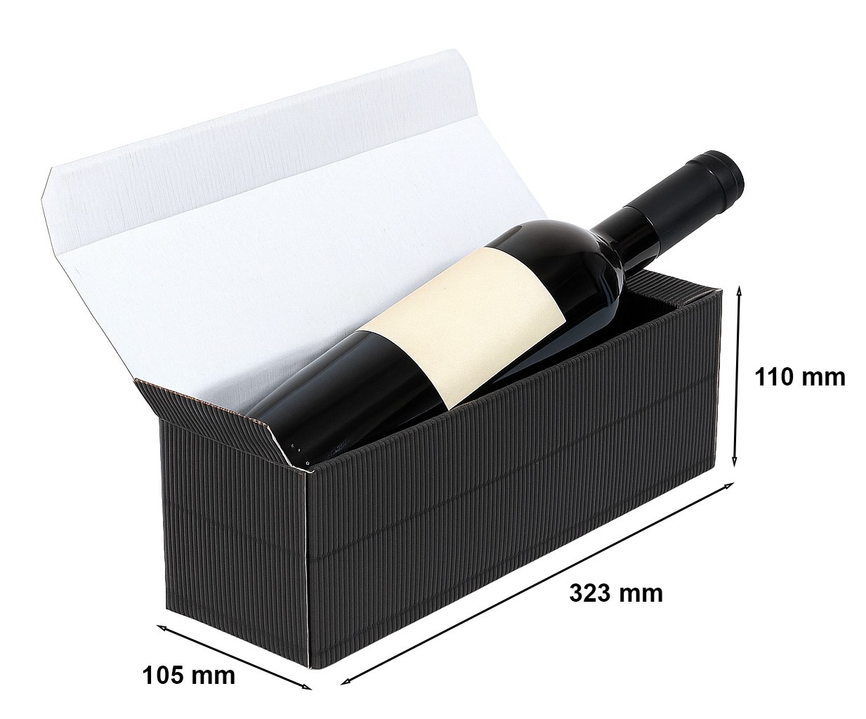 Karton karbowany na wino czarny, pudełko na butelkę 323x105x110 mm