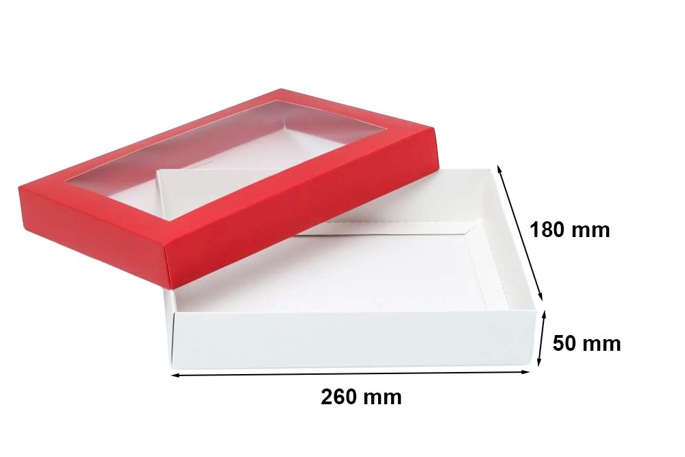 Pudełko ozdobne prezentowe kartonowe czerwone 260x180x50 mm z oknem