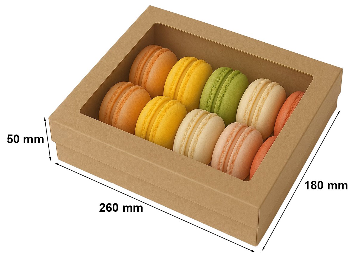 Pudełko ozdobne płaskie kraft z oknem fasonowe brązowe 260x180x50 mm