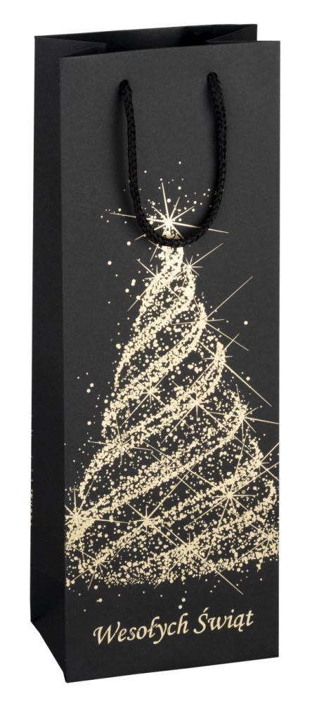 Torebka na wino świąteczna czarno-złota papierowa 125x85x360mm