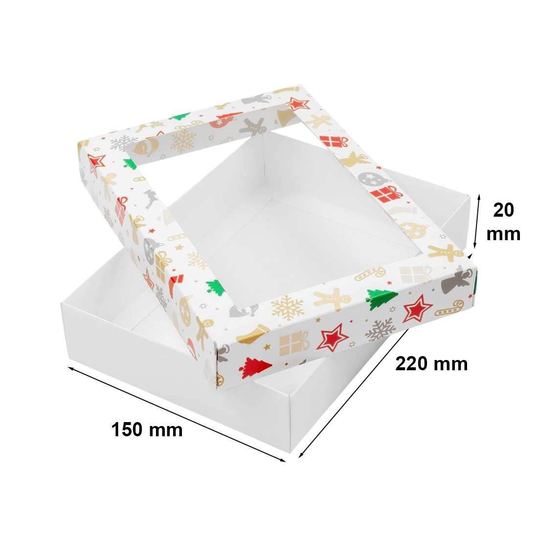 Pudełko ozdobne na prezenty z oknem fasonowe białe 220x150x20 mm