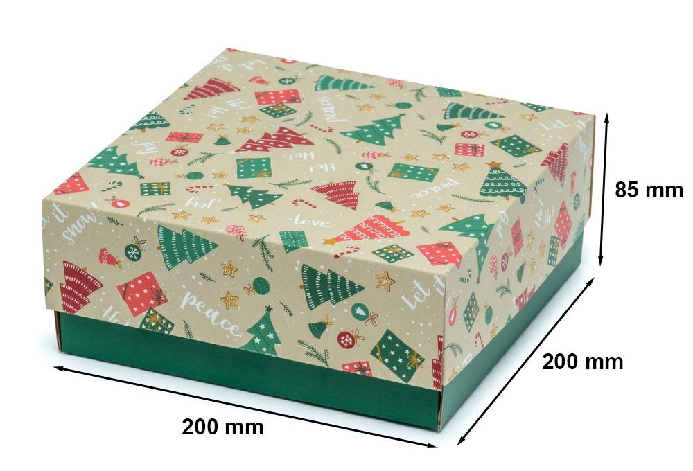 Pudełko świąteczne prezentowe 200x200x85 mm Choinki wieko i dno