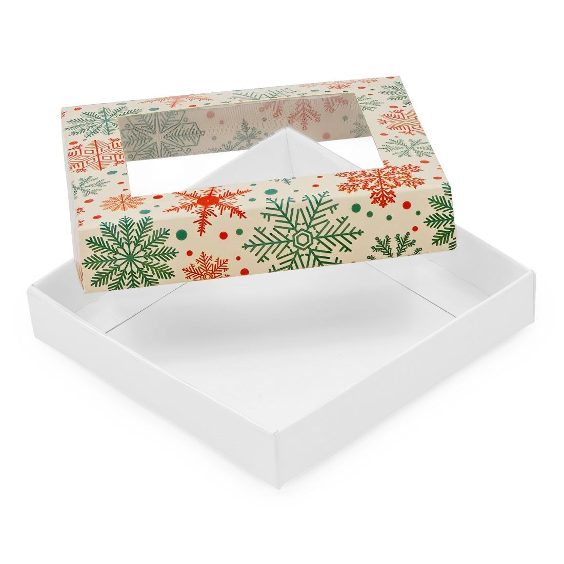 Pudełko fasonowe kartonowe świąteczne z oknem Śnieżka 105x105x20 mm