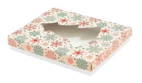 Pudełko ozdobne fasonowe z oknem Śnieżki kartonowe 220x150x20 mm
