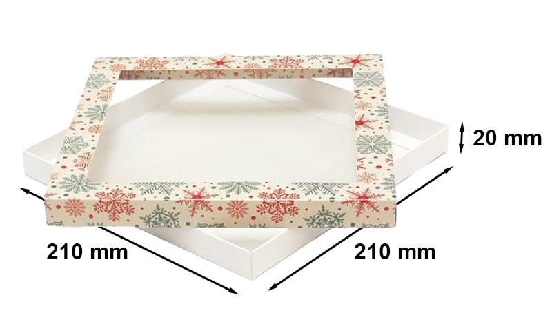 Pudełko fasonowe ozdobne kartonowe z oknem śnieżki 210x210x20mm