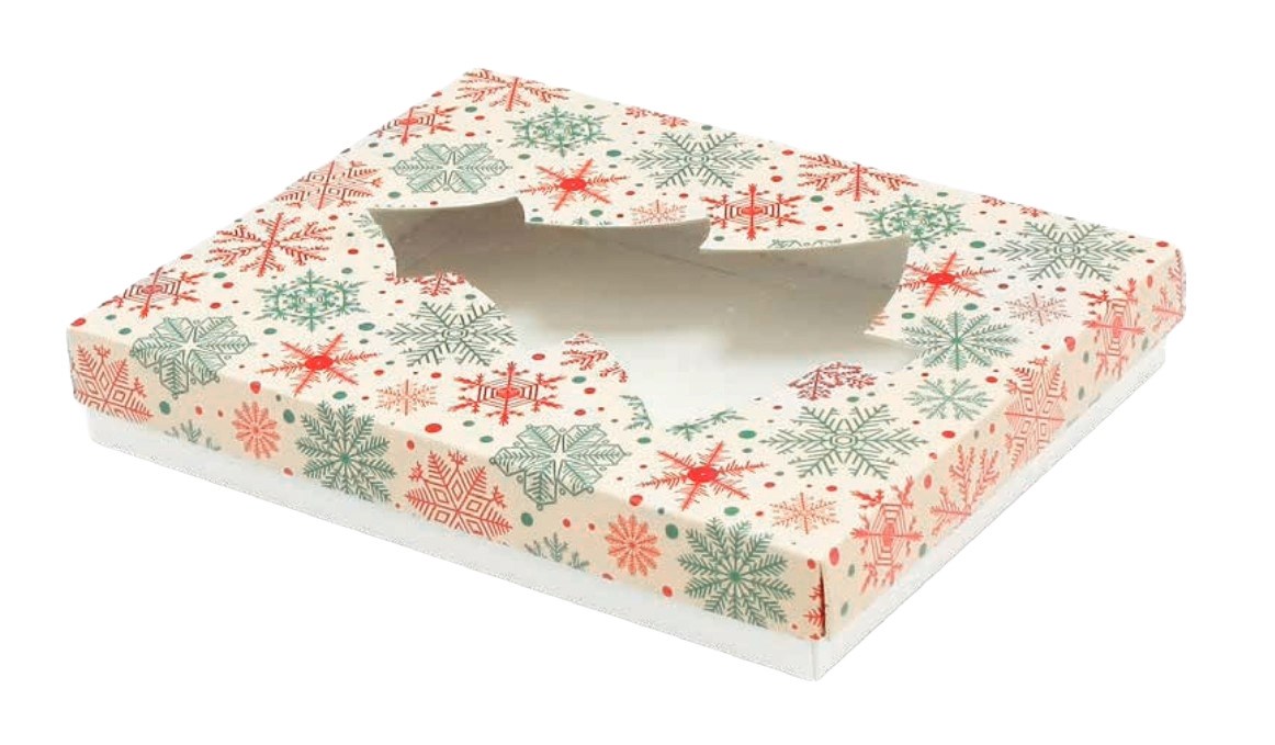 Pudełko ozdobne wykrojnikowe kartonowe choinki i śnieżki 195x155x30 mm